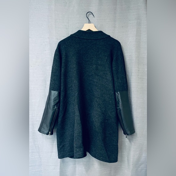 SOLD Eileen Fisher High Neck Black Leather Sleeve Dark Grey Wool Jacket Size XL - Picture 11 of 11